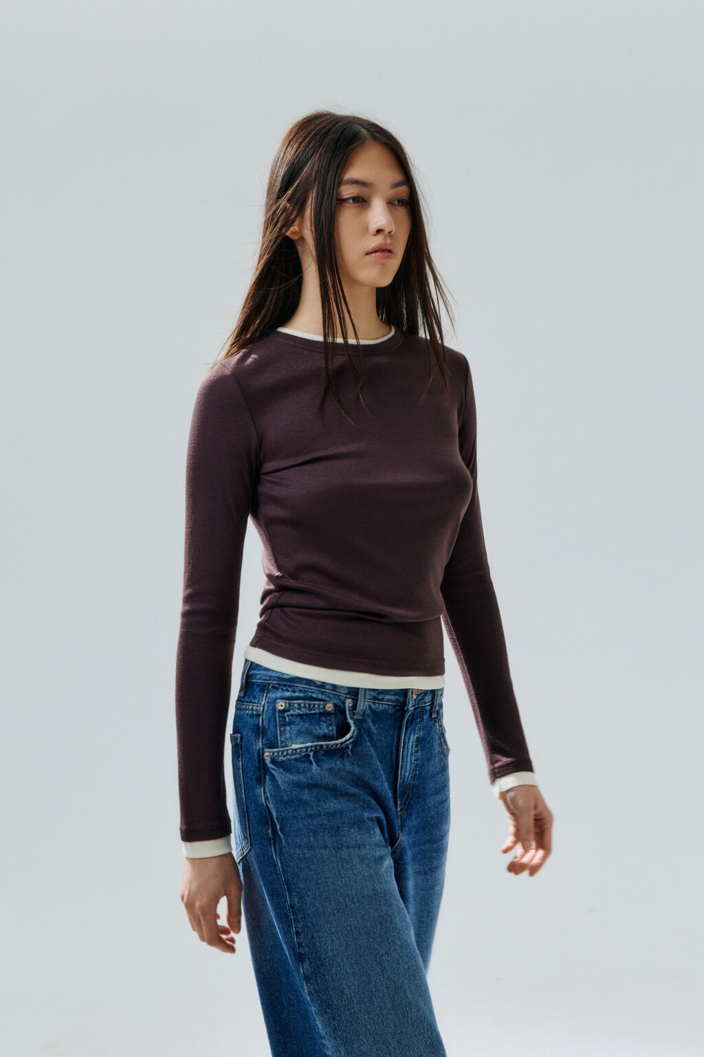 Лонгслив с имитацией второго слоя - цвет коричневый - 2